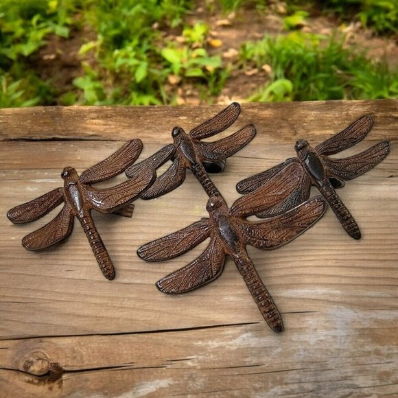 Four Dragonfly Napkin Ring Holders - Bronze Colored - Art Nouveau Style - Picture 1 of 7